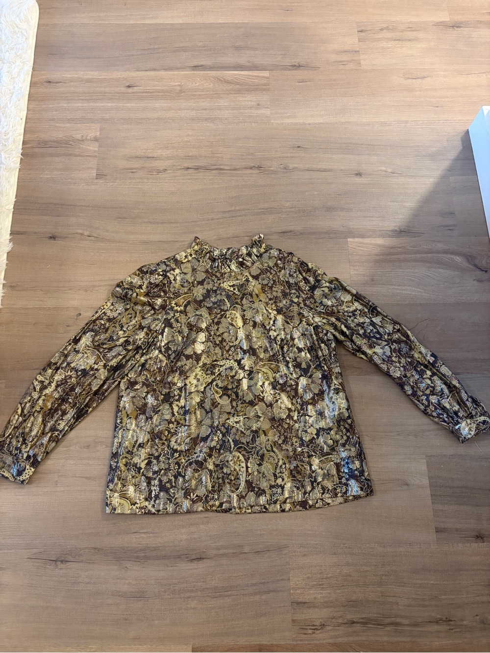 ba&sh Metallic Paisley Ruffle-Neck Blouse in Olive and Brown